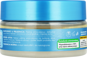 Tył słoika Isana peeling solno-olejowy Morze Martwe, kokos-makadamia, niebieska nakrętka, zielone logo.