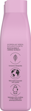 Tył różowej butelki odżywki Neboa Repair & Shine do włosów, z ikonami eko: bez mikroplastiku, recykling.