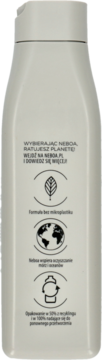 Tył szamponu Neboa Men Hair X-Tream. Jasnoszara butelka z ikonami: bez mikroplastiku, 50% recyklingu.