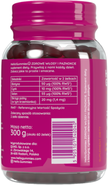 Tył butelki helloGummies Zdrowe Włosy i Paznokcie, różowe opakowanie z etykietą ze składem i dawkowaniem.