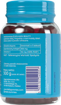 Tył niebieskiej butelki suplementu Hello!Gummies Kolagen Beauty, widoczne informacje o składzie i dawkowaniu.