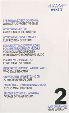 Białe opakowanie ciśnieniomierza Vitammy Next 3 z tekstem o funkcjach i dużym symbolem 2 lat gwarancji.