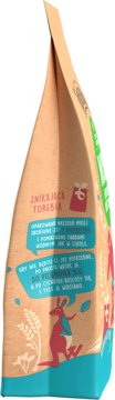 Boczny widok opakowania musli potrójnie orzechowego, brązowe, z kangurem i hasłem "ZNIKAJĄCA TOREBKA".
