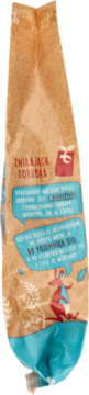 Brązowa torebka musli z bananem, z tyłu niebieskie dymki z tekstem i czerwona kreskówkowa postać.