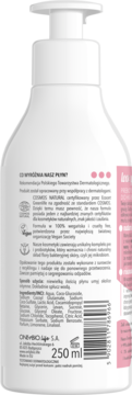 Tył białej butelki prebiotycznego płynu do higieny intymnej 250ml z pompką, etykieta i kod kreskowy.