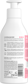 Tył białej butelki 250ml prebiotycznego płynu do higieny intymnej z pompką. Widoczne certyfikaty i lista składników.