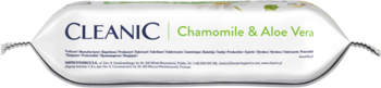 Cleanic Chamomile & Aloe Vera, nawilżany papier toaletowy w białym, podłużnym opakowaniu, widok z przodu.