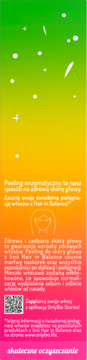 Tylna etykieta OnlyBio enzymatycznego peelingu do skóry głowy. Kolorowy gradient, instrukcje, QR code.