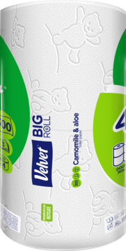 Velvet ecoROLL BIG ROLL, papier toaletowy Rumianek i Aloes, biały, 3-warstwowy z misiami, widok z przodu.