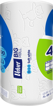 Papier toaletowy Velvet Delikatnie Biały ecoROLL, duża biała rolka z misiami, 4=8 standardowych, widok z przodu.