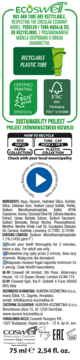 Tył opakowania pasty do zębów ECOSWELL w zielono-białej tubce, widoczne informacje o recyklingu i składniki.