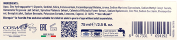 Tył opakowania pasty Biorepair Ochrona Dziąseł 75ml na kremowym tle z listą składników i kodem kreskowym.