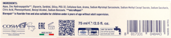 Tył tubki pasty Biorepair Wrażliwe Zęby 75 ml, ze składem, bez fluoru, kodem QR i kreskowym.
