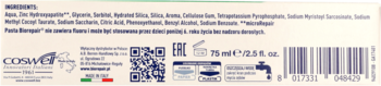 Tył opakowania pasty Biorepair Pełna Ochrona 75ml, widoczne składniki, kody QR i kod kreskowy produktu.