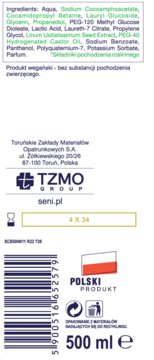Tył opakowania żelu Seni Care 500 ml: biała etykieta ze składnikami, kodem kreskowym, logo Polski Produkt i producentem.