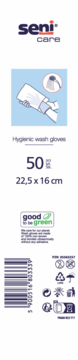 Opakowanie rękawic higienicznych Seni Care, 50 sztuk, 22,5x16 cm, białe z grafiką i zielonym logo.