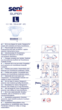 Seni Super pieluchomajtki dla dorosłych L, białe, z opakowaniem i instrukcją zakładania.