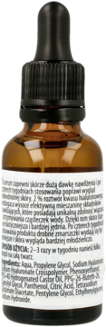Serum do twarzy z kwasem hialuronowym 2% w brązowej butelce z kroplomierzem. Widok na tył z etykietą i składem.