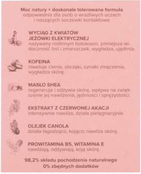 Różowy fragment opakowania kremu Miya myEYEhero z opisem składników aktywnych i ich działania.