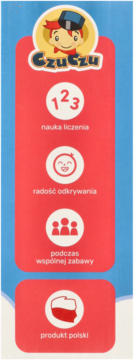 CzuCzu: czerwono-niebieski panel boczny opakowania z ikonami wskazującymi na naukę liczenia i wspólne zabawy.