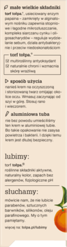 Fragment beżowej etykiety produktu Tołpa z polskim opisem składników (torf), sposobu użycia i misji marki, z prawej owoc.
