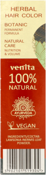 Bok opakowania Venita Herbal Hair Color 100% Natural, czerwono-beżowe, z napisami Ayurveda i Vegan.