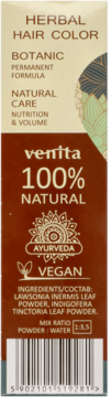 Opakowanie ziołowej farby Venita Herbal Hair Color 100% Natural, brązowo-beżowe, z symbolami Vegan i Ayurveda.