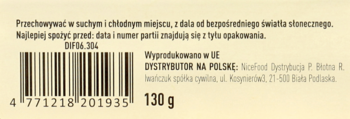 Tył opakowania płaskich chlebków pszennych z serem, pomidorem i bazylią, z kodem kreskowym, wagą 130 g i instrukcjami.