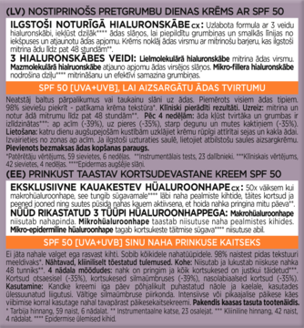 Fragment etykiety kremu na dzień z SPF 50, informacja o 3 rodzajach kwasu hialuronowego na fioletowym tle.
