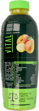 Zielony napój Vital w ciemnozielonej butelce z etykietą jabłka, gruszki i banana.