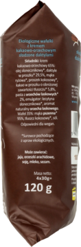 Tył brązowego opakowania ekologicznych wafli kakaowo-orzechowych słodzonych daktylami, waga 120g, wegańskie.