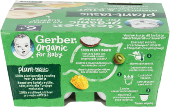 Tył zielonego opakowania Gerber Organic dla niemowląt, wegański deserek owocowy z musem kokosowym, bez cukru.