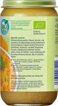 Tył słoiczka zupki BIO HiPP dla dzieci po 12. m-cu, zielona etykieta ze sposobem użycia i BIO logo.