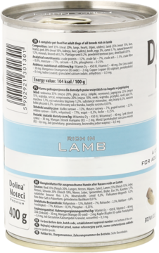 Puszka karmy dla psa Dolina Noteci Rich in Lamb 400g, widok z boku na etykietę ze składem analitycznym.