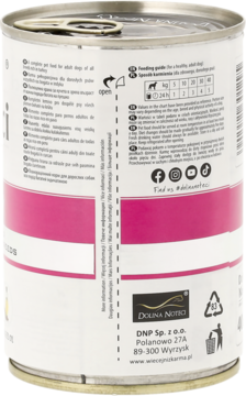 Tył puszki karmy dla dorosłych psów Dolina Notci z indykiem, biała etykieta z różowym paskiem, widoczne informacje.