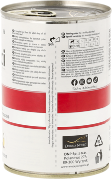 Tylna strona puszki Dolina Noteci karmy wołowej dla dorosłych psów, z widoczną etykietą i danymi producenta.