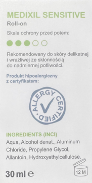 Medixil Sensitive roll-on, białe opakowanie 30ml dla skóry wrażliwej, 3 zielone kropki, Allergy Certified.