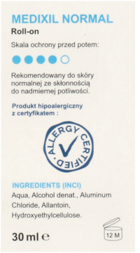 Etykieta Medixil Normal Roll-on 30 ml, widok z przodu, biała z niebieskimi napisami i składem. Produkt hipoalergiczny.