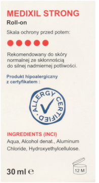 Biała etykieta antyperspirantu MEDIXIL STRONG Roll-on, widok z przodu, czerwone napisy i skład INCI.