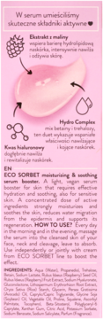 Tył różowego opakowania serum ECO SORBET z opisem działania, kluczowymi składnikami (malina, hialuron) i sposobem użycia.
