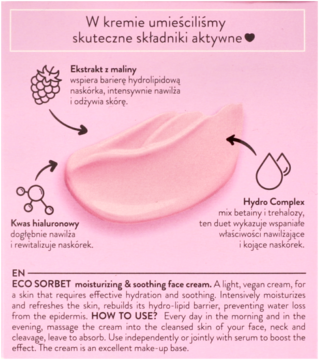Tył różowego kartonika kremu ECO SORBET. Opis składników aktywnych, różowy wzór kremu na środku.