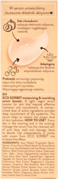 Tył opakowania serum ECO SORBET z brzoskwinią, adaptogenami i prebiotykami, widoczna lista składników.