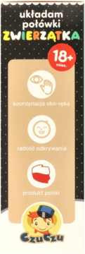 Opakowanie puzzli Czuczu Układam Połówki ZWIERZĄTKA (18+ mies.), czarne tło, ikony rozwoju, produkt polski.