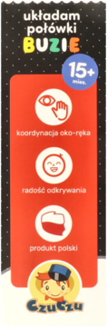 Czuczu układam połówki BUZIE, pionowy baner reklamowy. Edukacyjne puzzle dla 15+ mies., czerwony panel z ikonami cech.