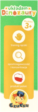 Zielone opakowanie puzzli dla dzieci Czuczu Układam Dinozaury 3+, ikony rozwoju rąk i koncentracji, produkt polski.
