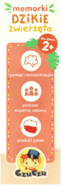 Pomarańczowy plakat memorki Dzikie Zwierzęta, gra pamięciowa dla dzieci 2+, wspiera pamięć i koncentrację.