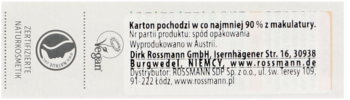 Tylna etykieta mydła pielęgnacyjnego premium, z logo wegan i certyfikatu, informacja o recyklingu kartonu.
