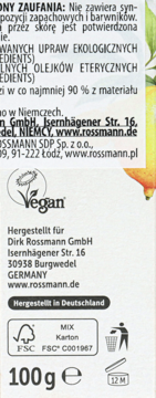 Tył białego opakowania kosmetyku Rossmann 100g, z logo Vegan, info o składnikach ekologicznych i Niemczech.