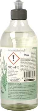 Tył przezroczystej butelki płynu do naczyń grapefruit/eukaliptus, 500 ml, z etykietą ostrzegawczą.