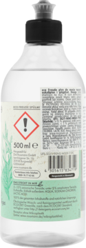 Tył przezroczystego płynu do naczyń Grejpfrut Eukaliptus 500 ml z czarną nakrętką, etykietą i składem.